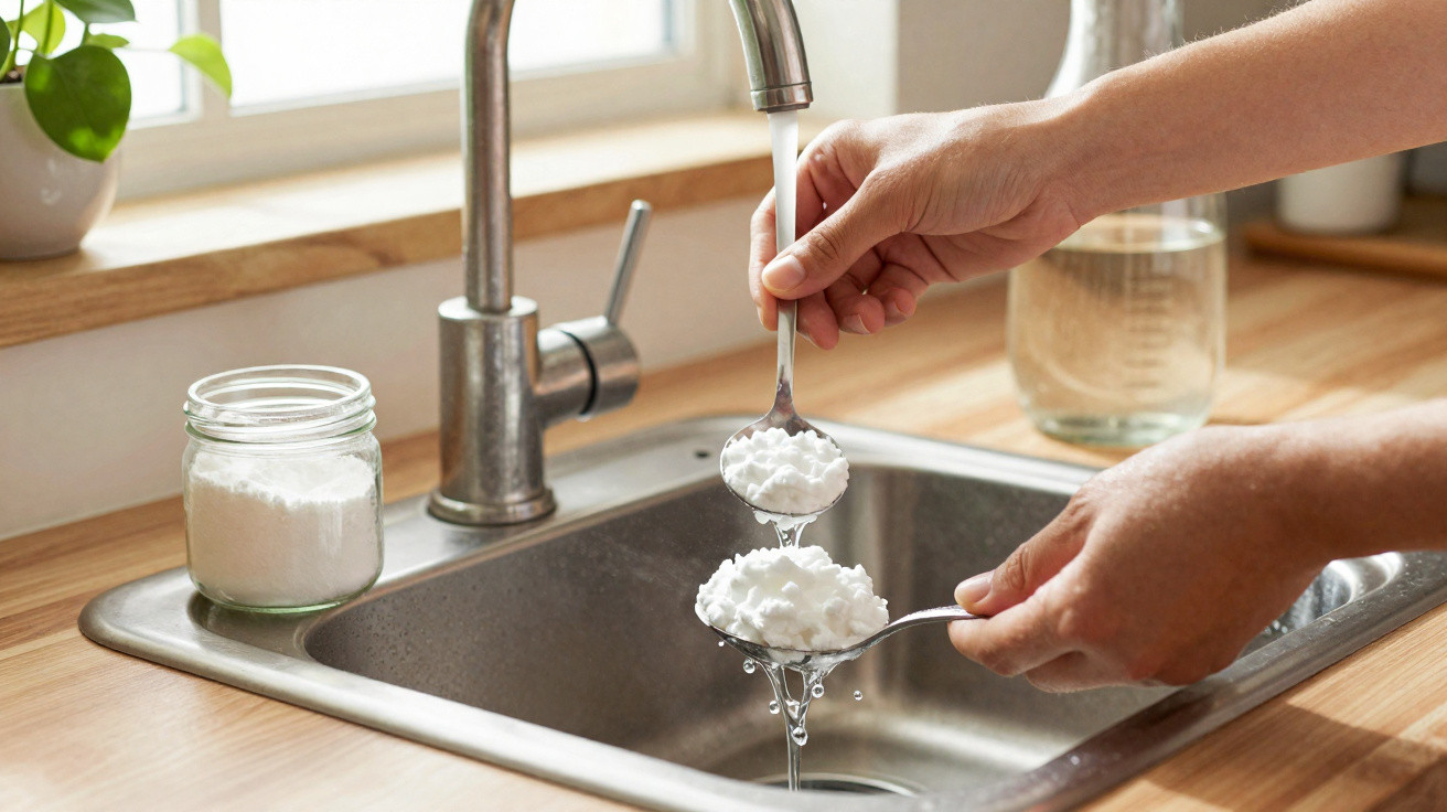 Person hält zwei Löffel mit Schaum unter laufendem Wasser am Küchenspülbecken neben einem Glas mit Backpulver.
