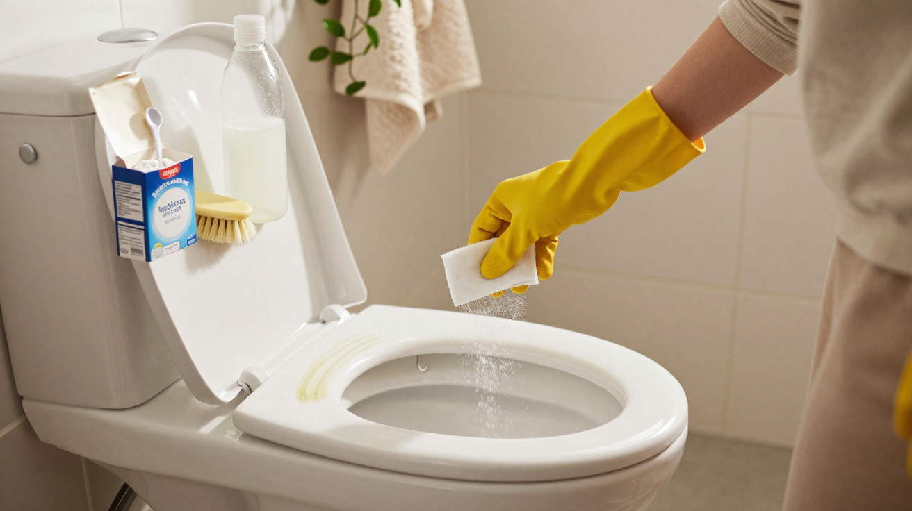 Person mit gelben Handschuhen reinigt Toilettenrand mit Natron und Schwamm in Badezimmer.