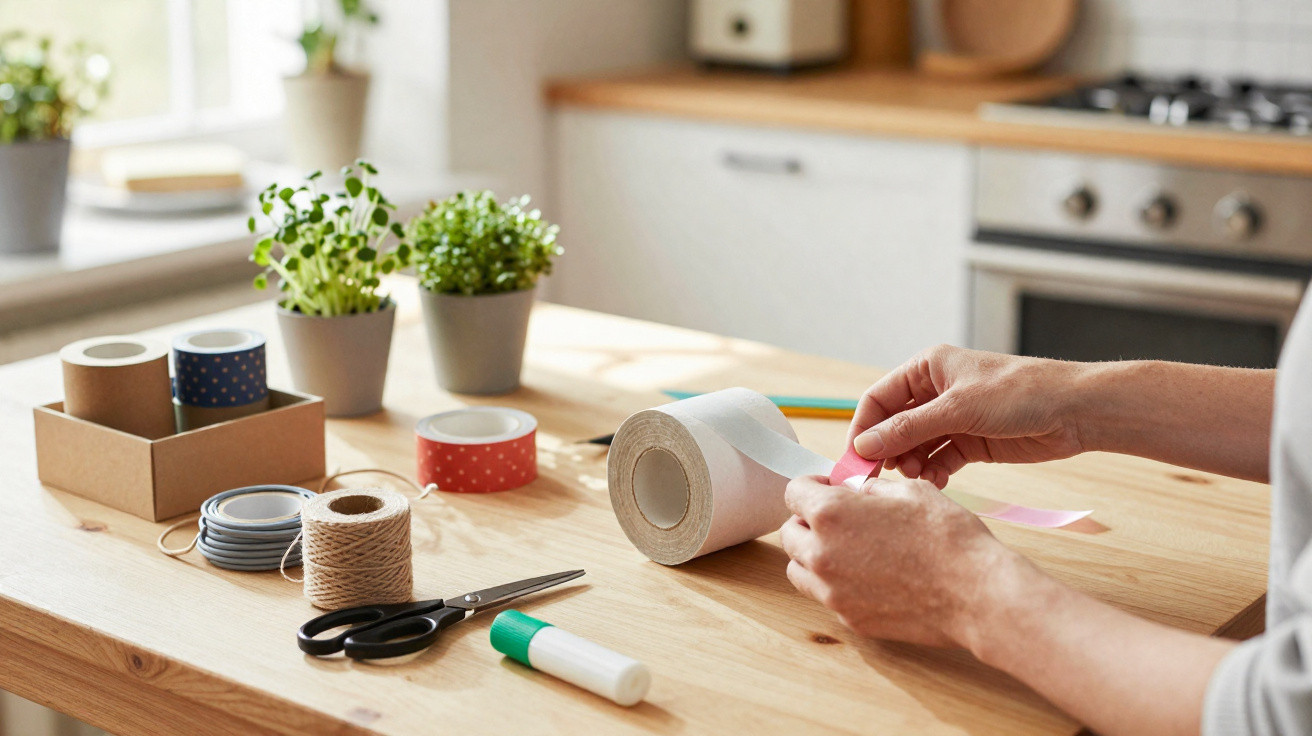 Person klebt bunten Papierstreifen mit Klebestreifen auf einem Holztisch neben Bastelmaterialien und Pflanzen.