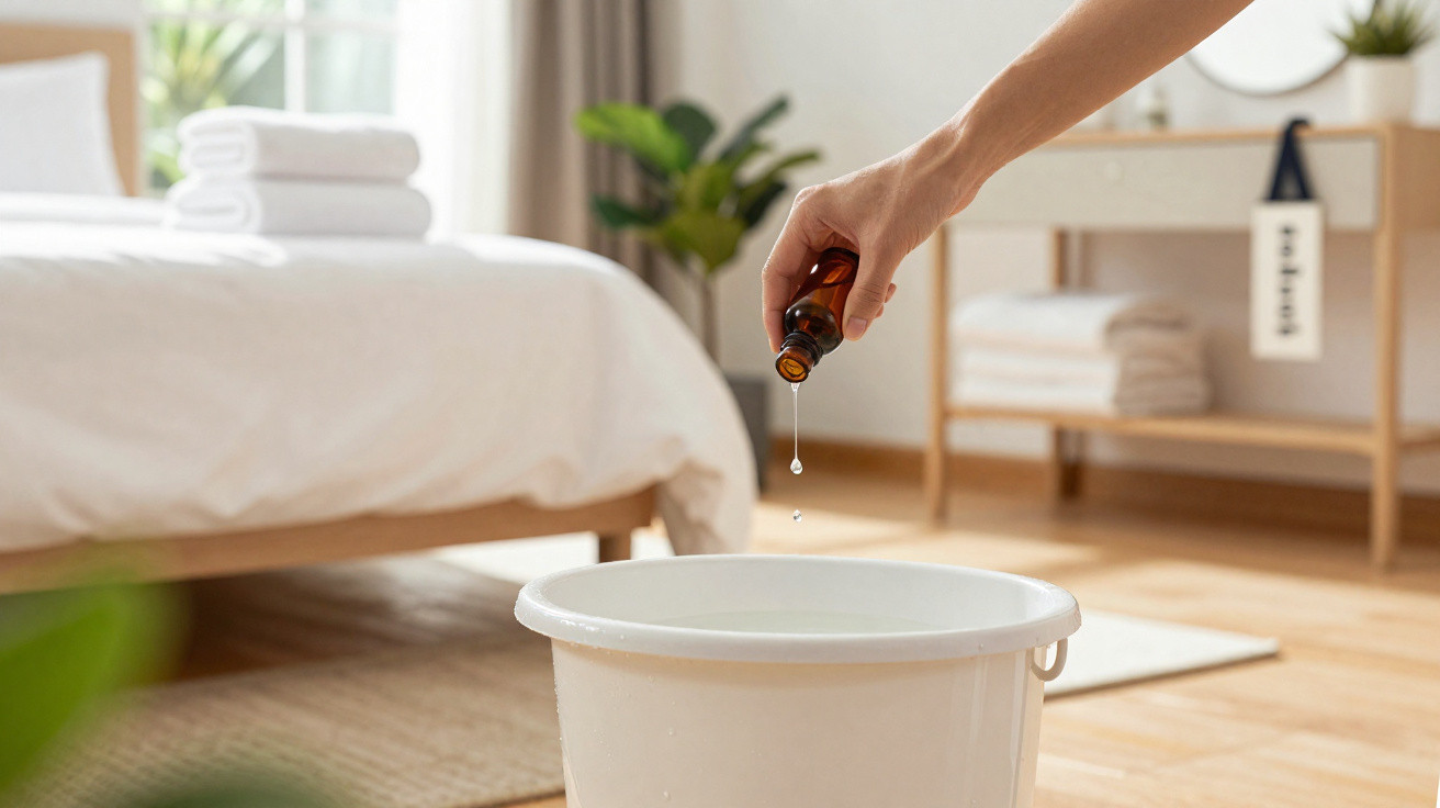 Hand träufelt Flüssigkeit aus einer braunen Flasche in einen weißen Eimer in einem Schlafzimmer.