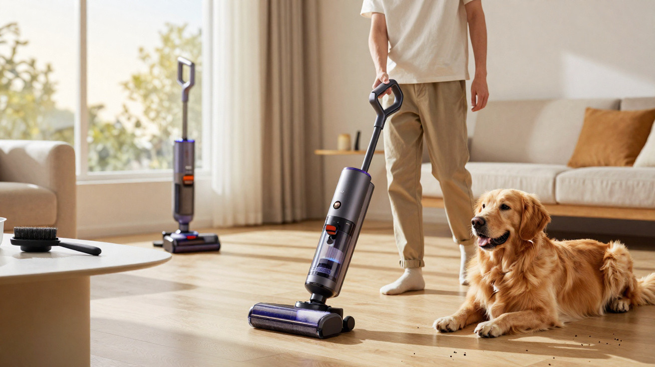 Person saugt mit kabellosem Staubsauger neben liegendem Golden Retriever in hellem Wohnzimmer Staub auf.