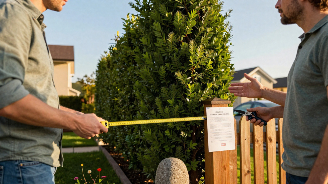 Zwei Männer messen den Abstand zwischen Grundstücksgrenze und Hecke mit einem Maßband im Garten eines Wohnhauses.