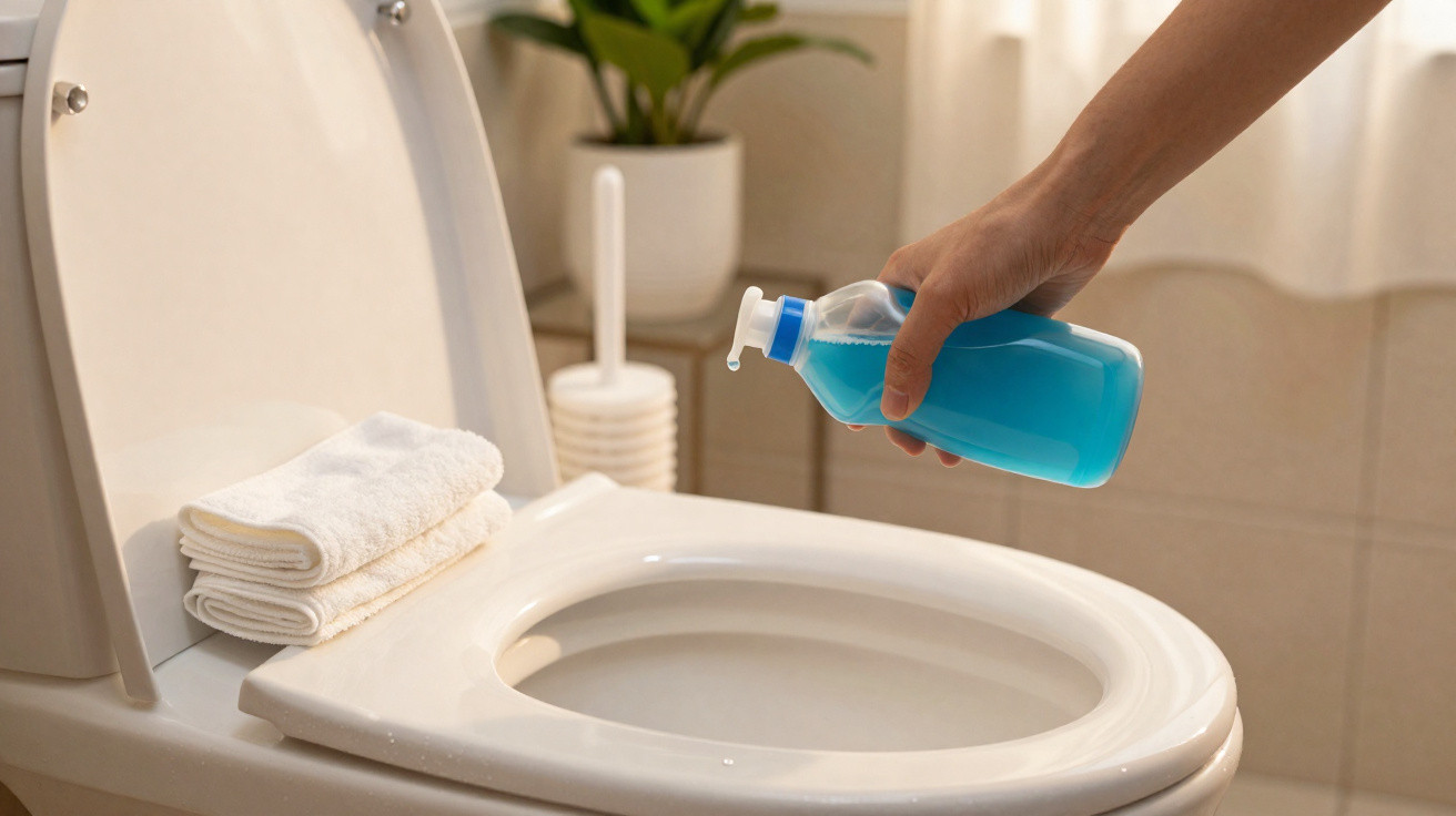 Hand gießt blaue Reinigungsflüssigkeit in eine weiße offene Toilette mit Frotteehandtüchern darauf.