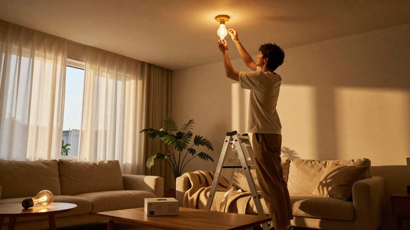 Junger Mann wechselt Glühbirne an der Deckenlampe in einem gemütlichen Wohnzimmer bei Sonnenuntergang.