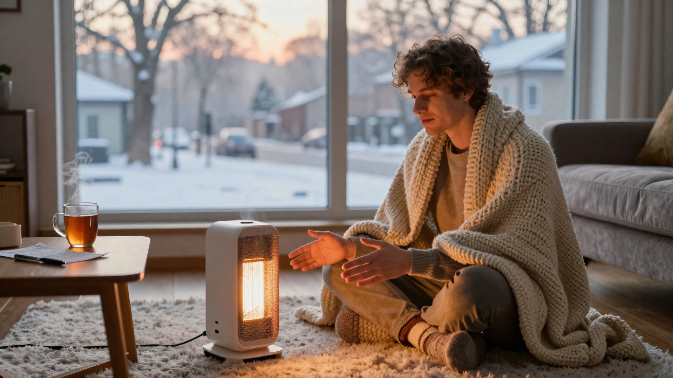 Junger Mann sitzt mit Decke vor Elektroheizung in gemütlichem Wohnzimmer an kaltem Winterabend.