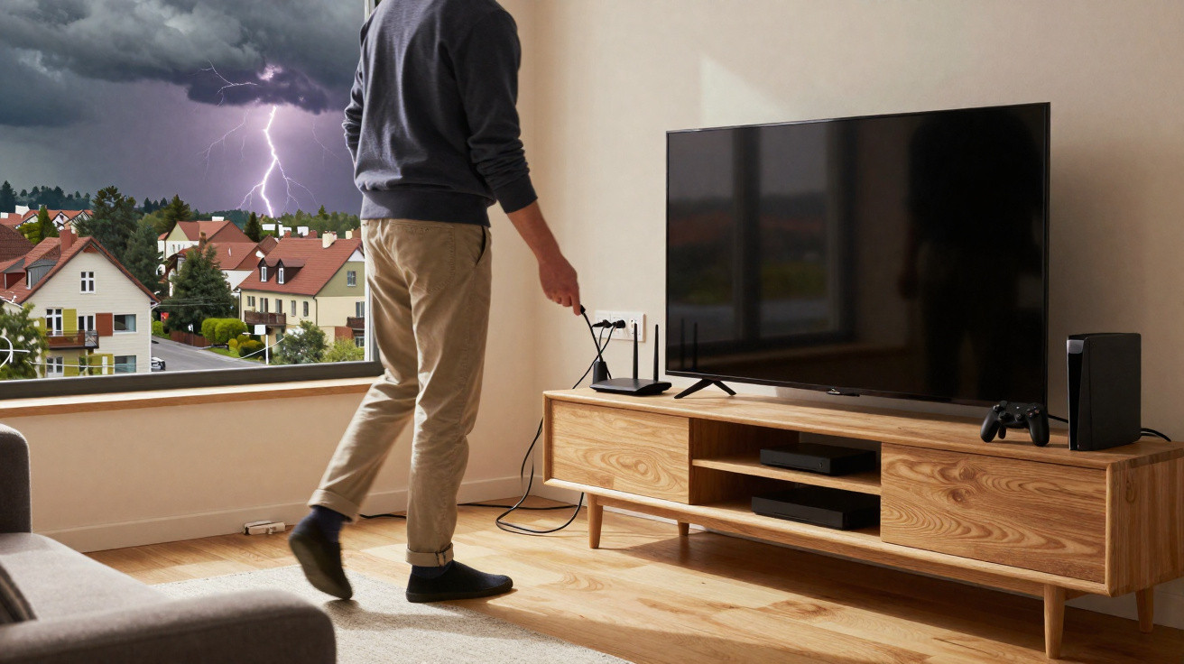 Mann zieht im Wohnzimmer Stecker während draußen ein Blitz in stürmischer Gewitterwolke zuckt.