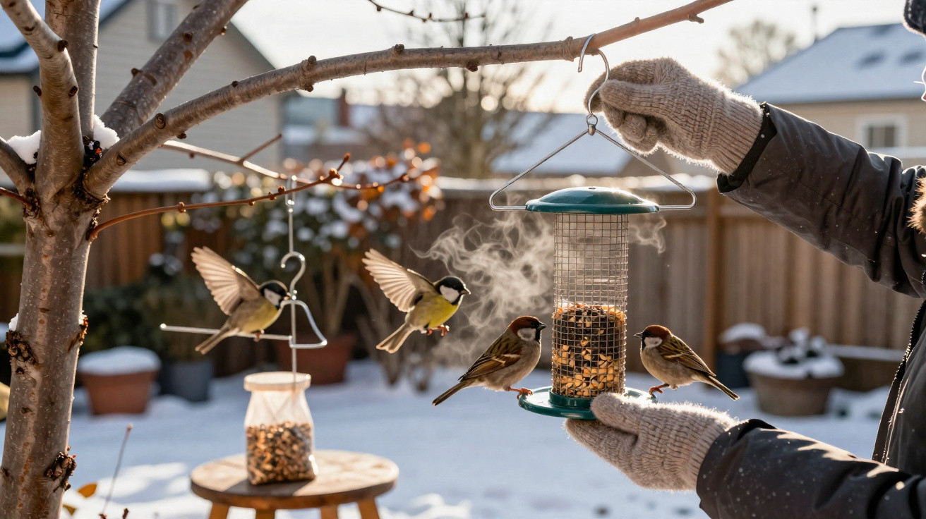 Vögel fressen an zwei Futterstellen im winterlichen Garten, Person hält Futterspender mit Handschuhen.