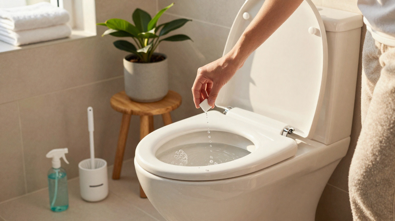 Hand gibt Reinigungstablette in eine saubere, offene Toilette in einem hellen Badezimmer.