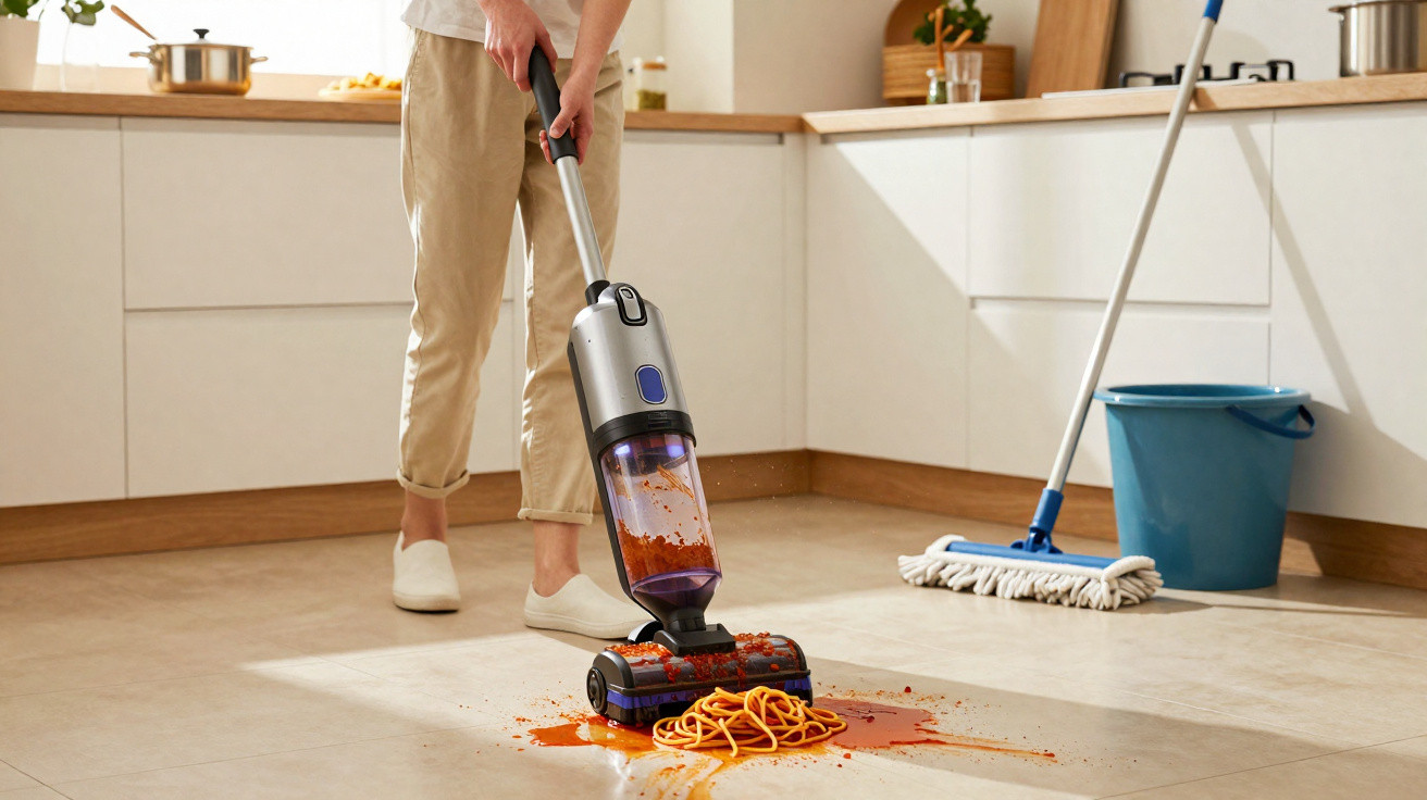 Person saugt verschüttete Spaghetti mit Sauce von Fliesenboden in moderner Küche auf.