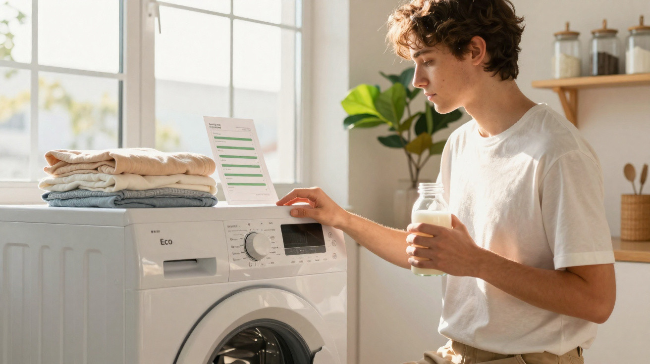 Junger Mann stellt Waschmaschine ein, neben gefalteter Wäsche und Glas mit Milch in hellem Raum.
