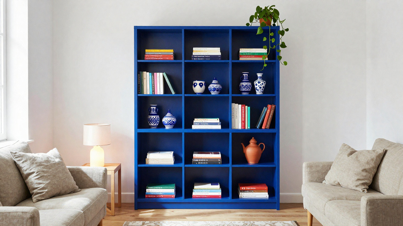 Blauer Bücherregal mit Büchern und Vasen zwischen zwei grauen Sofas in modernem Wohnzimmer.