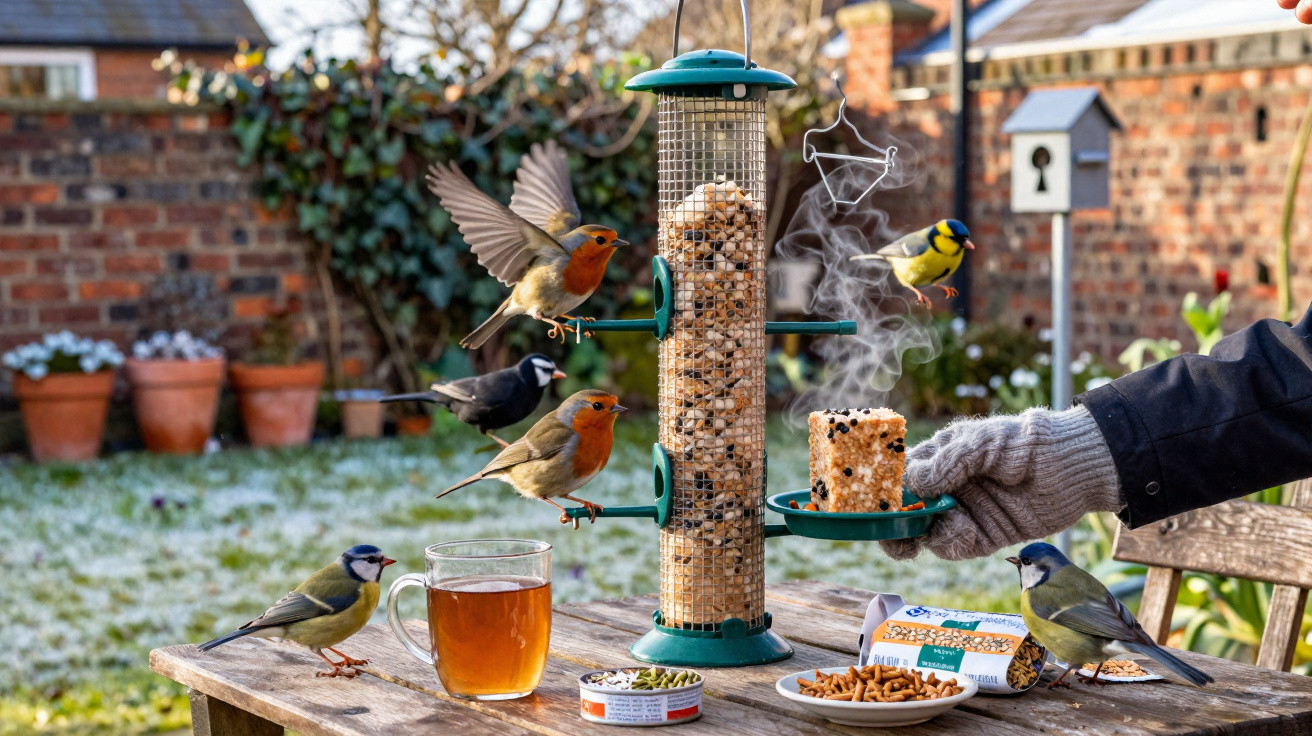 Vogelfutterstation mit verschiedenen Vögeln und einer dampfenden Futterportion auf einem Gartentisch im Winter.