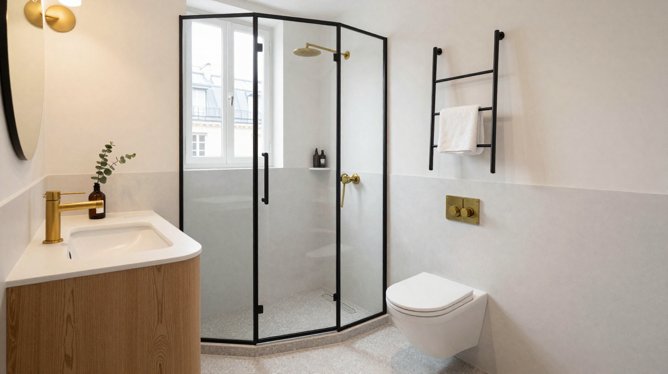 Modernes Bad mit Glasdusche, hölzernem Waschbecken, goldenen Armaturen und weißer Wandgestaltung