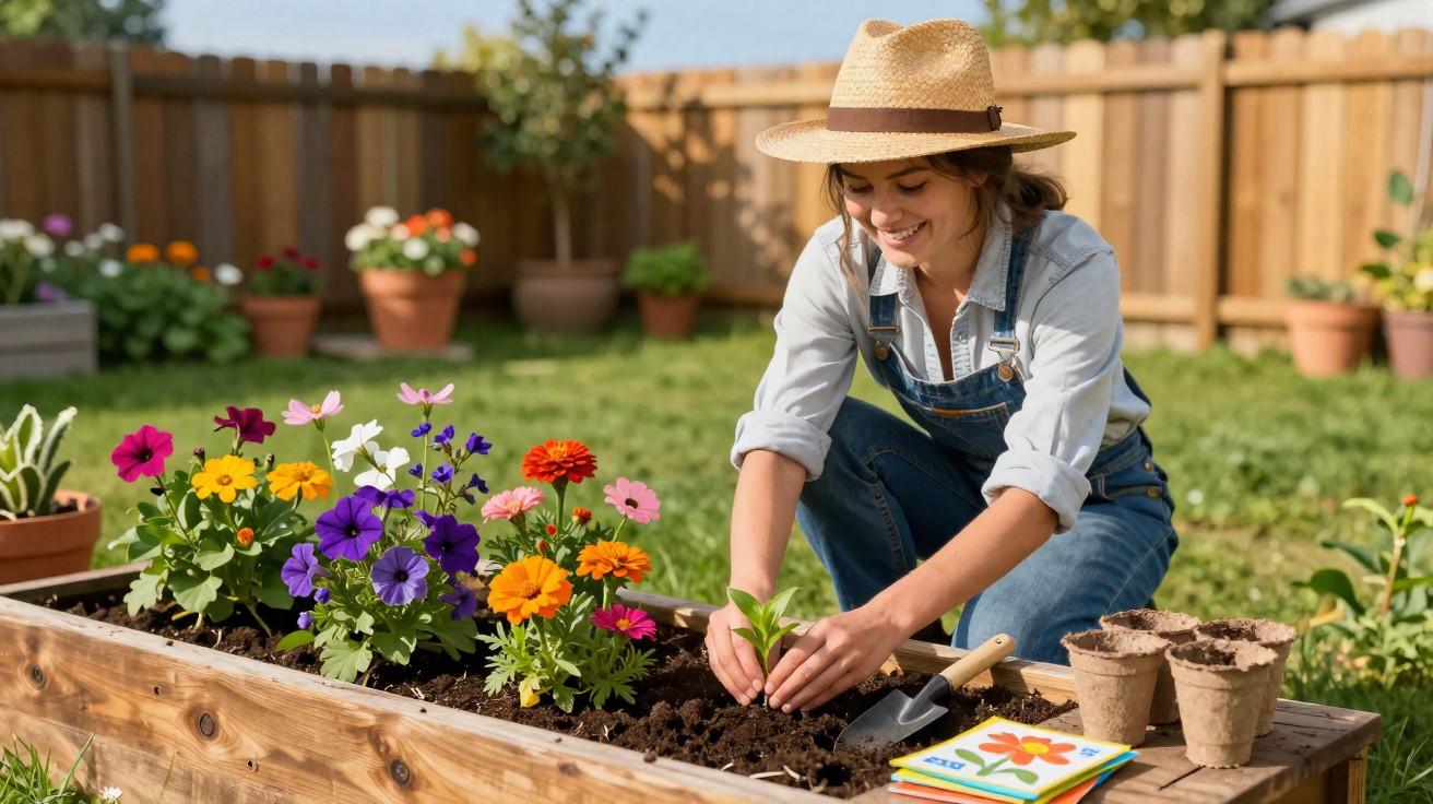 Frau mit Strohhut pflanzt Blumen in einem Hochbeet im Garten an einem sonnigen Tag.