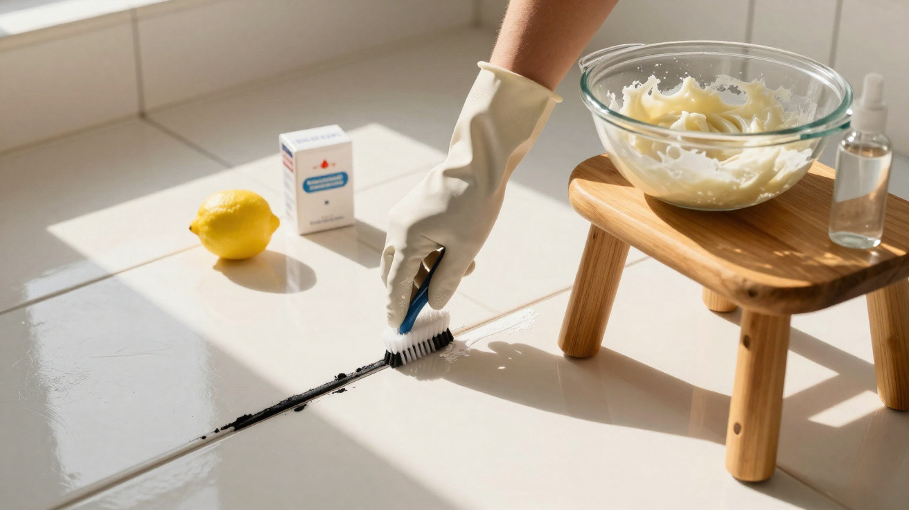 Hand mit Gummihandschuh beim Reinigen der Fliesenfugen, daneben Zitrone, Backpulver und Schüssel mit Paste.