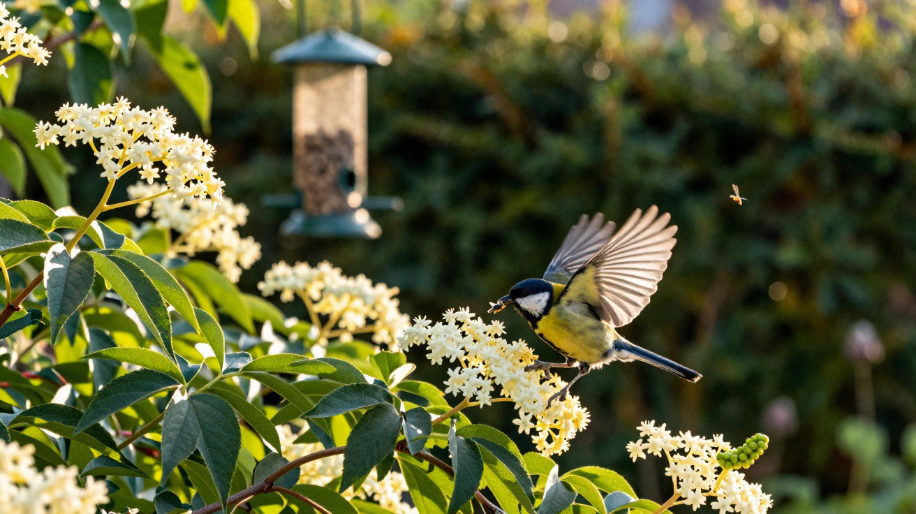Kohlmeise im Flug landet auf weiß blühendem Strauch im Garten mit Vogelfutterstation im Hintergrund.