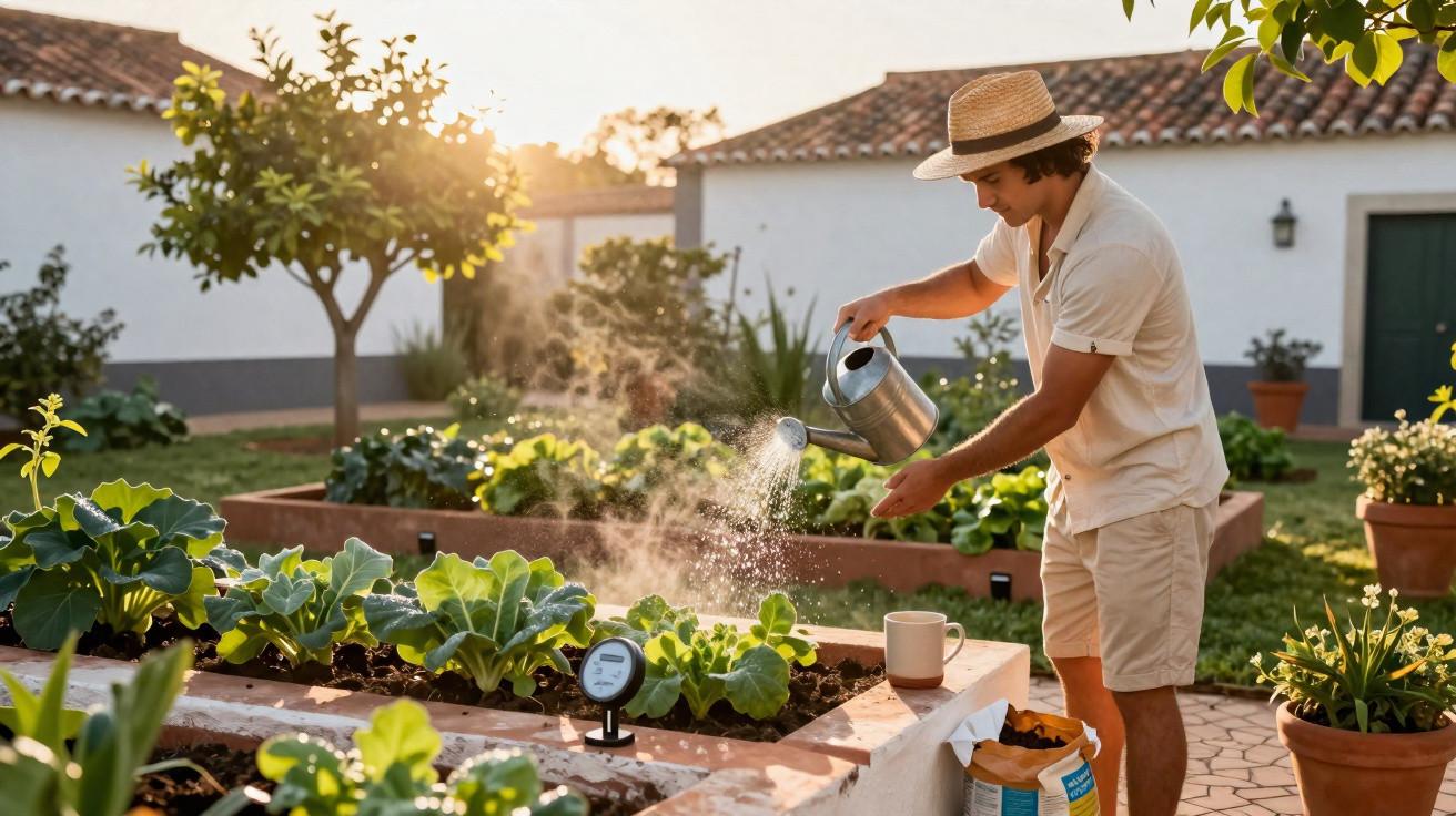 Mann mit Strohhut gießt im sonnenbeschienenen Garten Gemüsebeete mit Gießkanne.