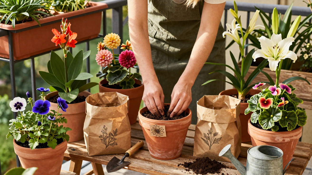 Frau bepflanzt Blumentopf mit Erde, umgeben von bunten Blumentöpfen und Gartenwerkzeugen auf dem Balkon.