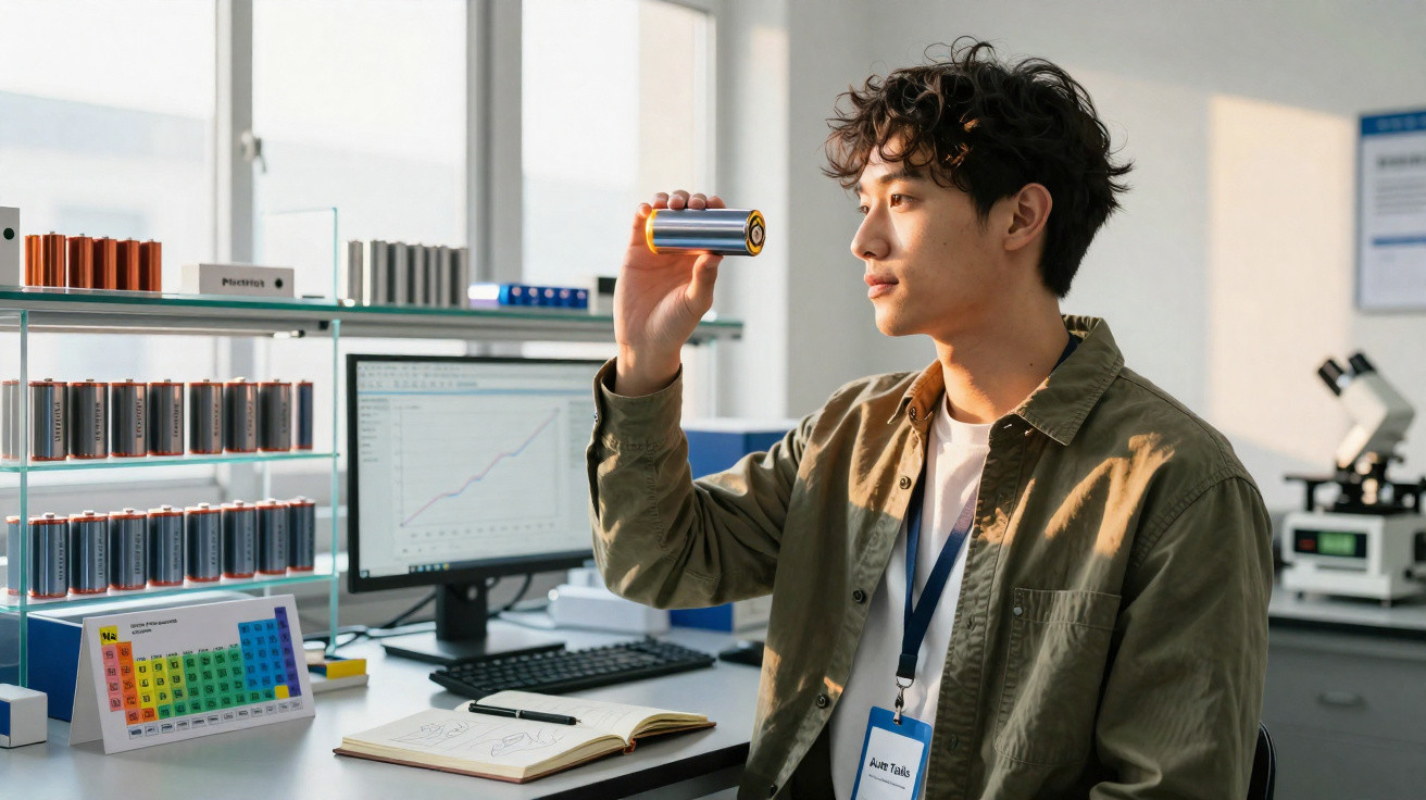 Mann untersucht Batterie in hellem Labor mit Computern, Periodensystem und wissenschaftlichen Geräten im Hintergrund.