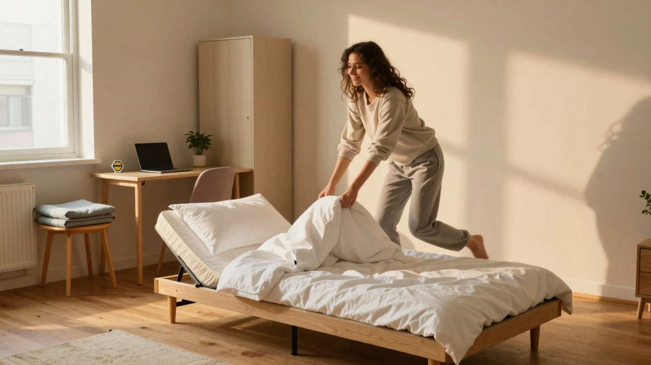 Frau bezieht frische Bettwäsche in sonnendurchflutetem, minimalistisch eingerichteten Schlafzimmer.