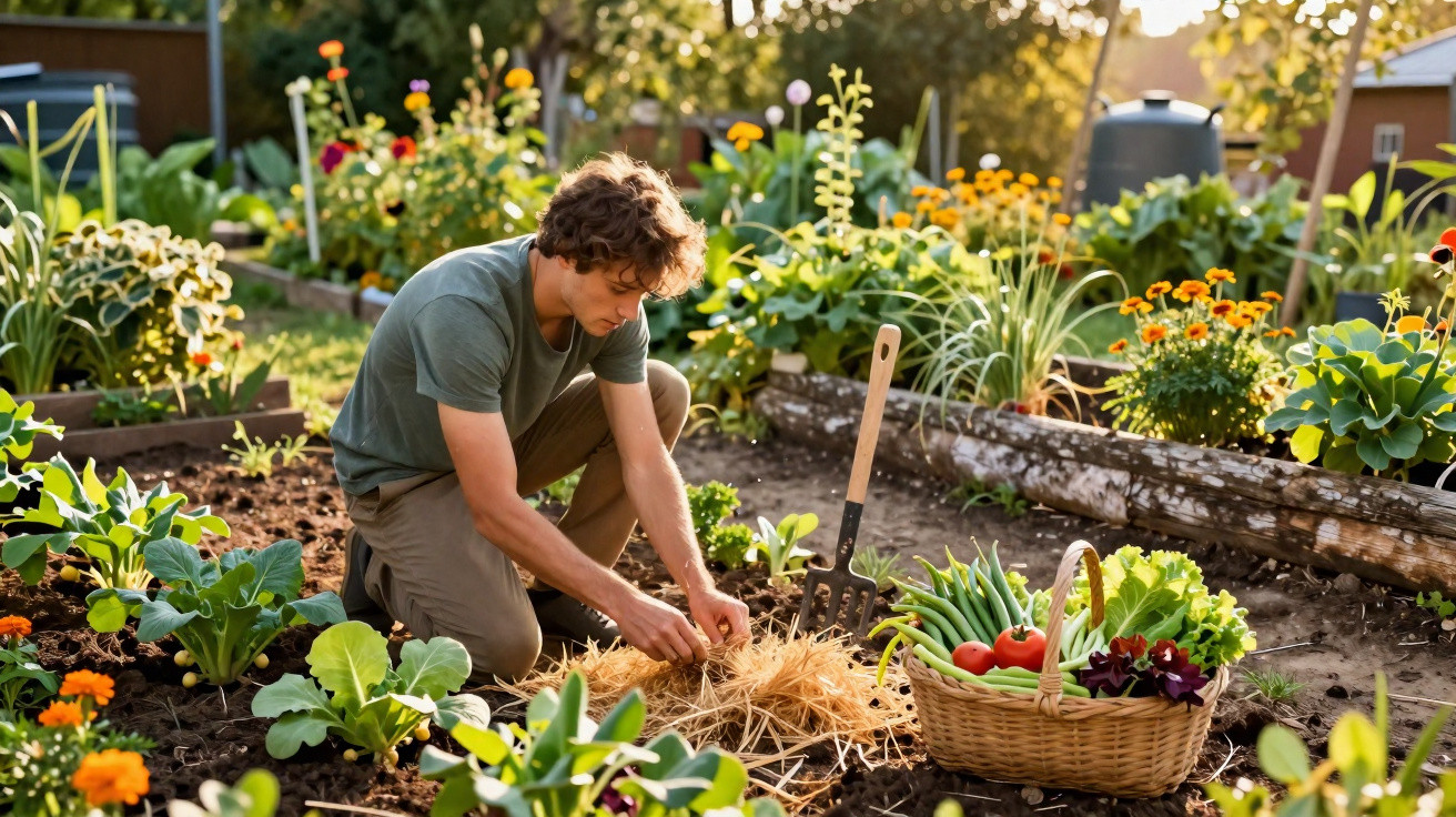 Junger Mann arbeitet in einem bunten Gemüsegarten, umgeben von frischem Gemüse und Blumen.