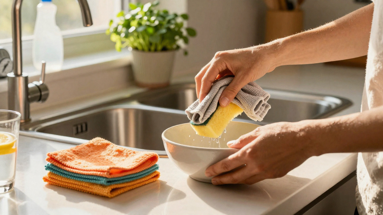Person wringt Schwamm über Spüle aus, Handtücher liegen gefaltet auf der Arbeitsplatte neben Glas mit Wasser und Zitrone.