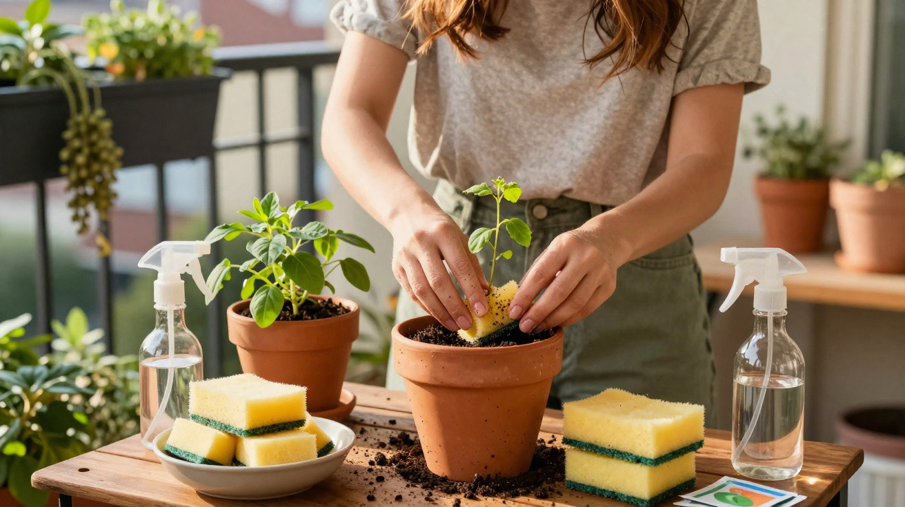 Frau gießt Pflanzen in einem Blumentopf auf einem Balkon mit Schwämmen und Sprühflaschen.