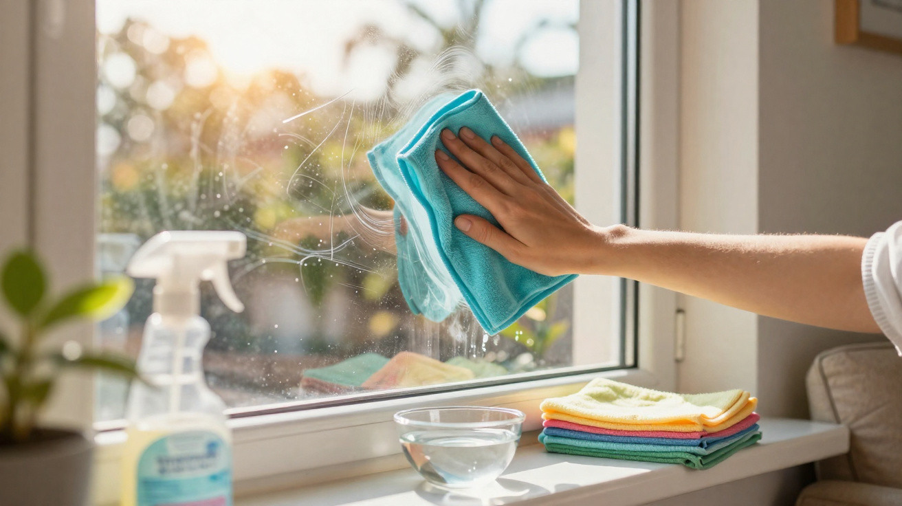 Hand wischt mit blauem Tuch ein sonnendurchflutetes Fenster sauber, Reinigungsmittel sichtbar.
