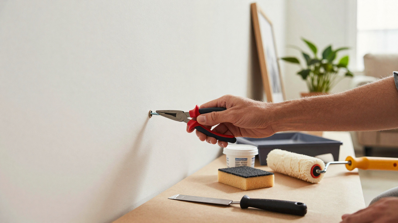 Hand hält Zange und zieht Schraube aus weißer Wand, Malerrolle, Spachtel und Schwamm liegen auf Tisch.