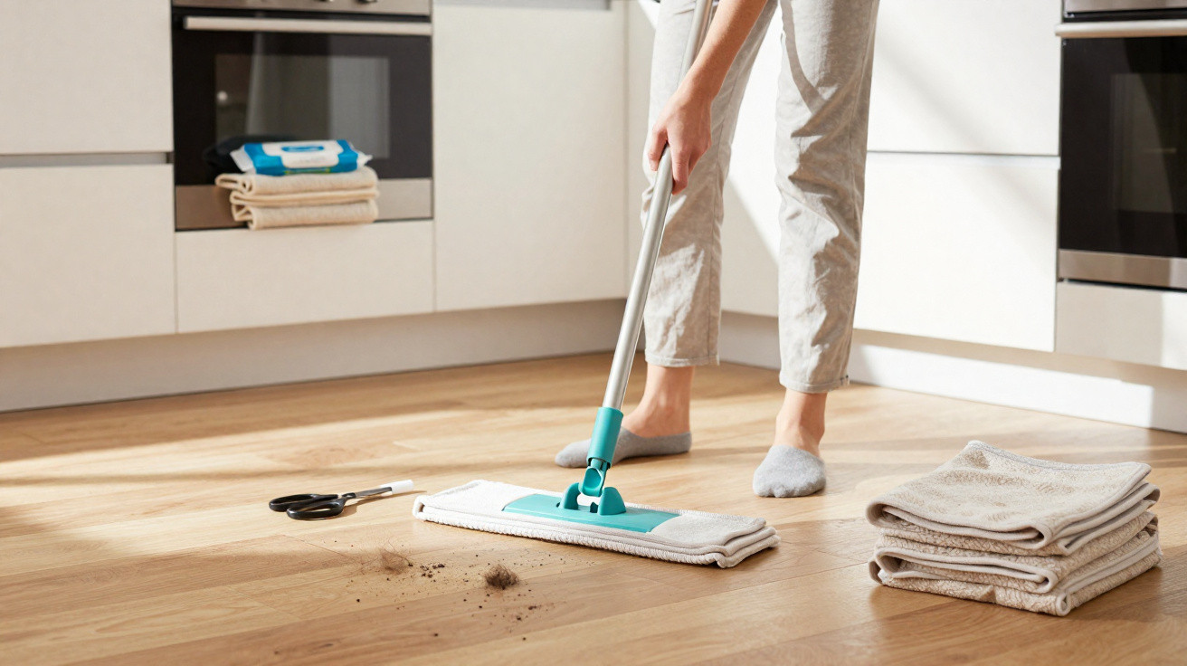 Person wischt Schmutz mit Wischmopp von hellem Holzboden in moderner Küche auf.