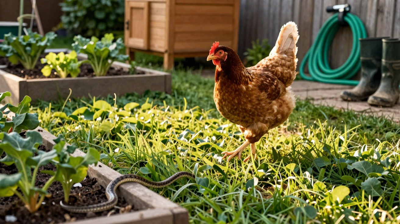 Braunes Huhn schreitet durch einen Garten mit Beeten, eine Schlange kriecht auf dem Boden entlang.