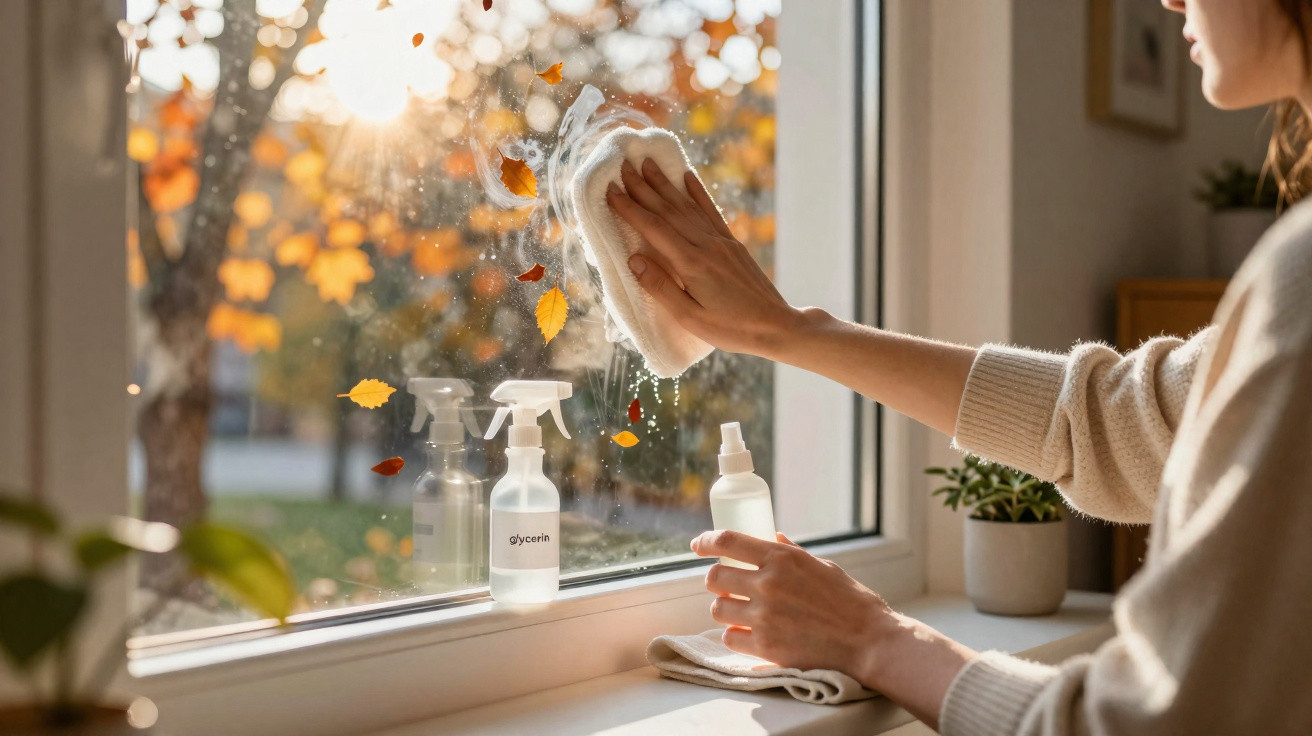 Frau wäscht Fenster mit Tuch und Glasreiniger bei sonnigem Herbstwetter, bunte Blätter draußen sichtbar.