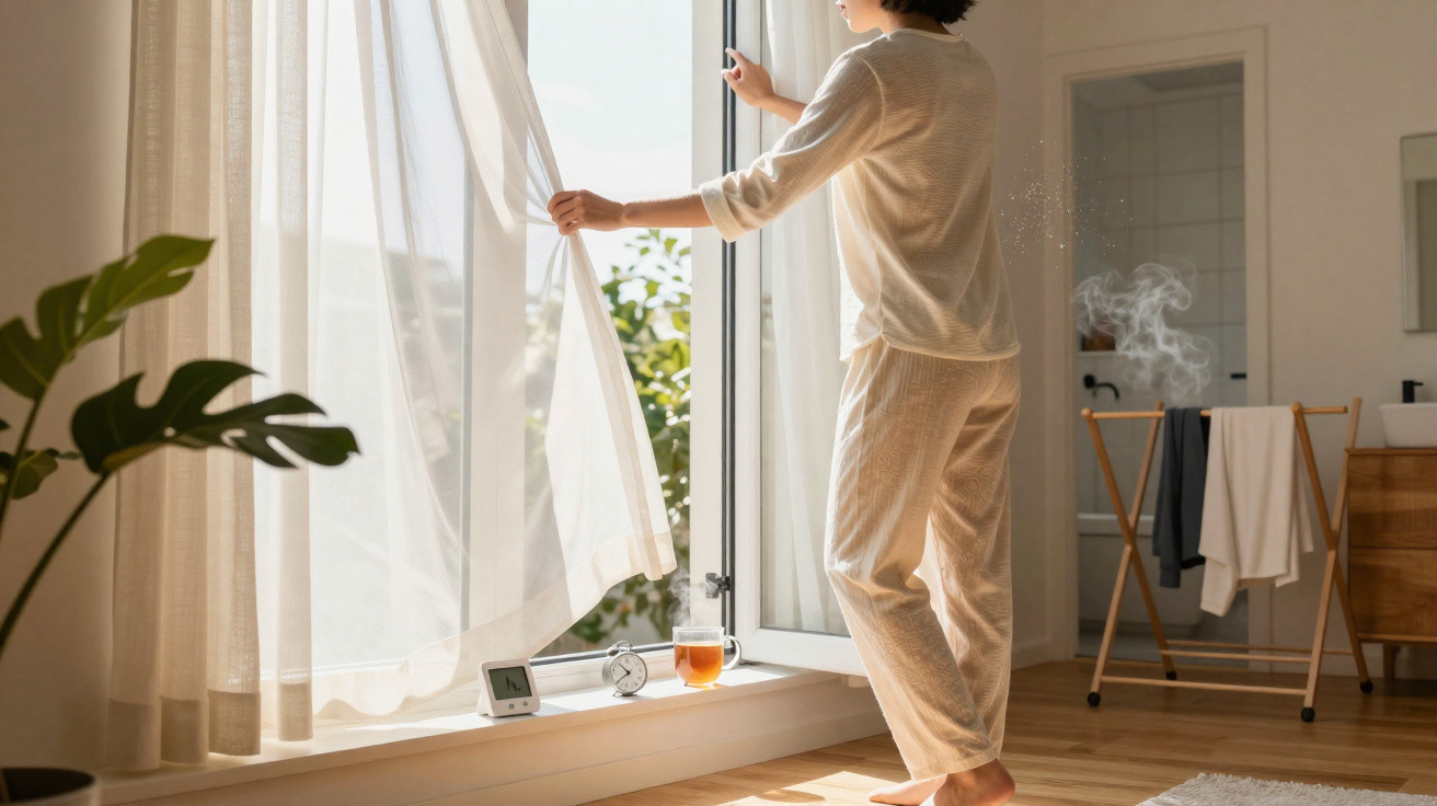 Frau in weißem Pyjama öffnet Vorhang und Fenster in hellem Raum mit Tee und Pflanze am Fensterbrett.