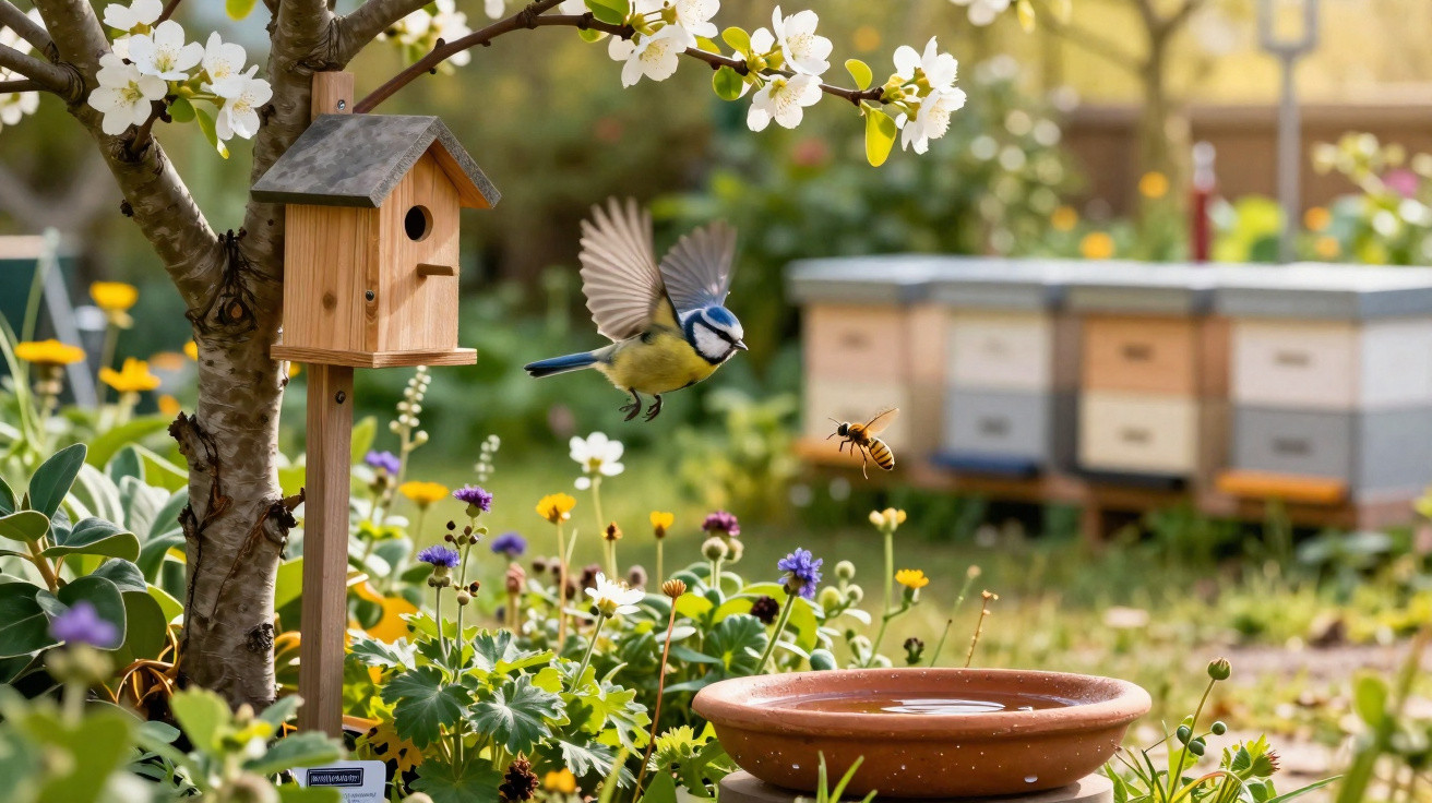 Blaumeise fliegt neben Biene im blühenden Garten mit Vogelhaus und Bienenstöcken im Hintergrund.
