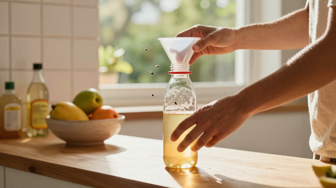 Hände füllen Flasche mit Trichter, Flasche steht auf Küchenarbeitsplatte mit Obstschale im Hintergrund.