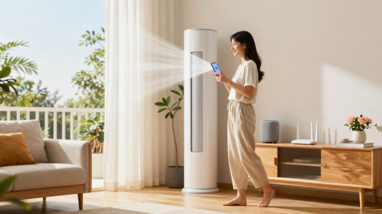 Frau bedient stehende Klimaanlage per Smartphone in hellem Wohnzimmer mit Sofa und Sideboard.