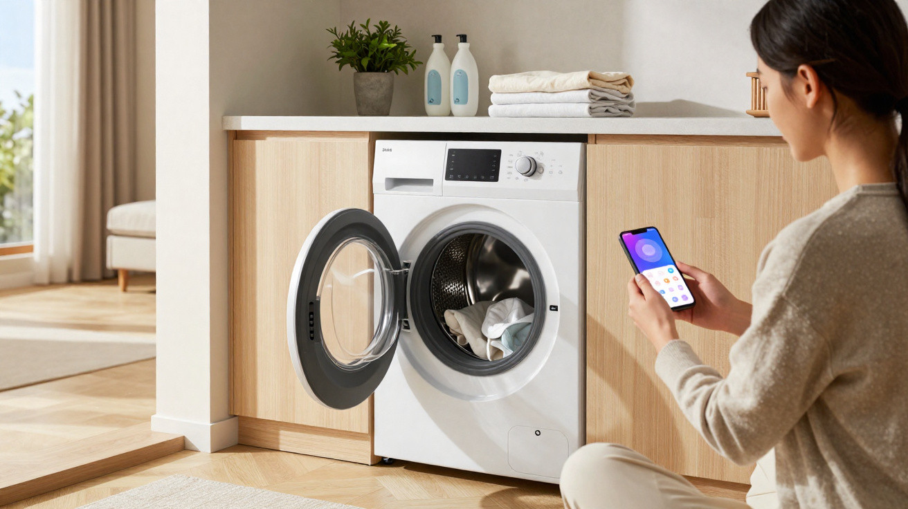 Frau bedient offene Waschmaschine in heller Wohnung mit Smartphone zur Steuerung der Waschfunktion.