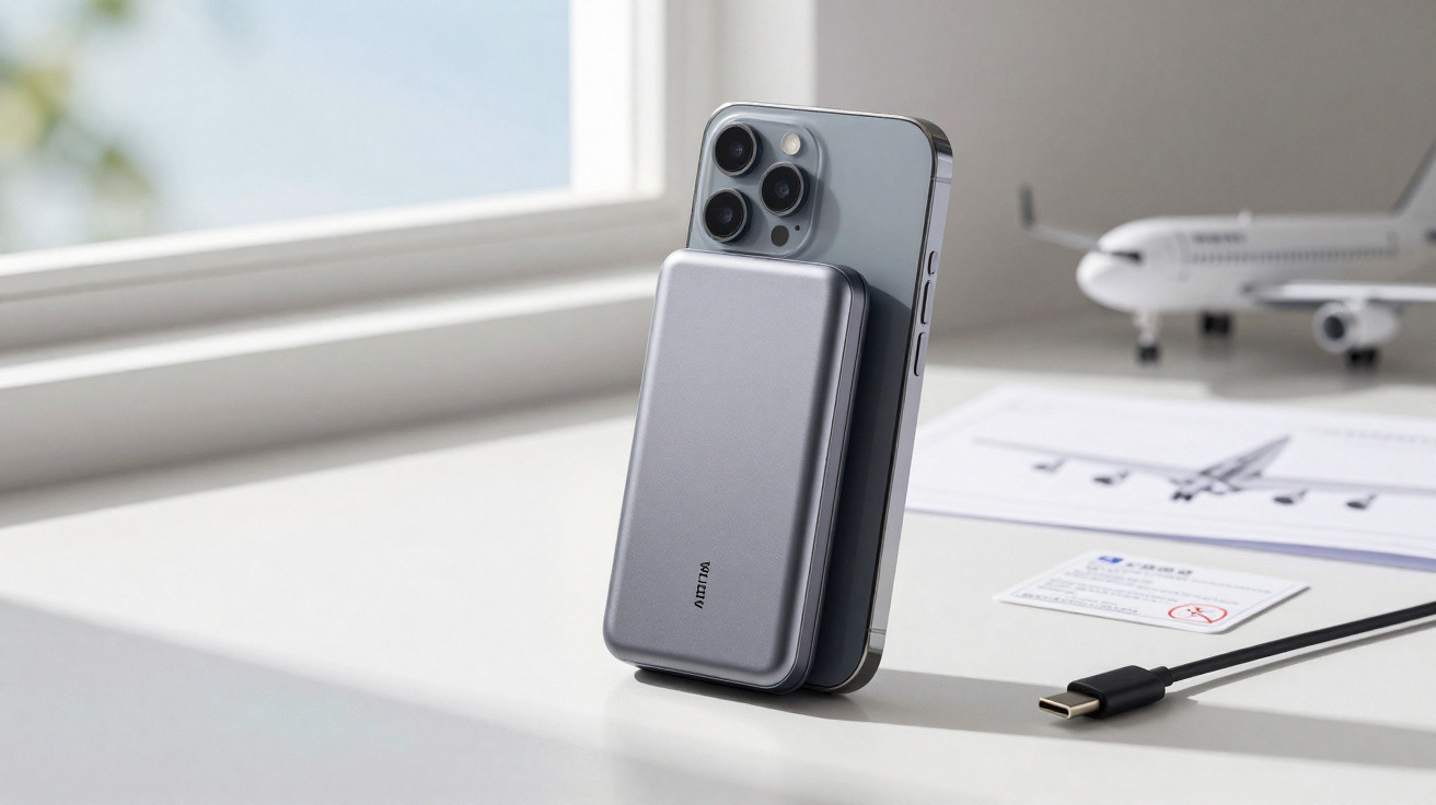 Smartphone mit aufgesetztem magnetischen externen Akku auf weißem Tisch vor Fenster und Flugzeugmodell.
