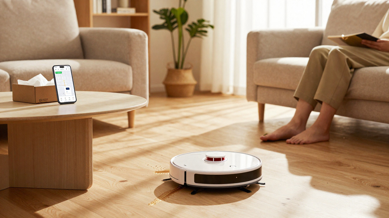 Robotersauger reinigt gerade einen hellen Holzboden in modern eingerichtetem Wohnzimmer mit Sofa und Pflanze.