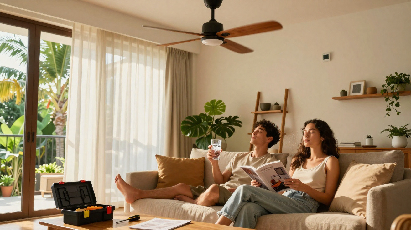 Junges Paar entspannt auf dem Sofa in hellem Wohnzimmer mit Pflanzen und offener Terrassentür.