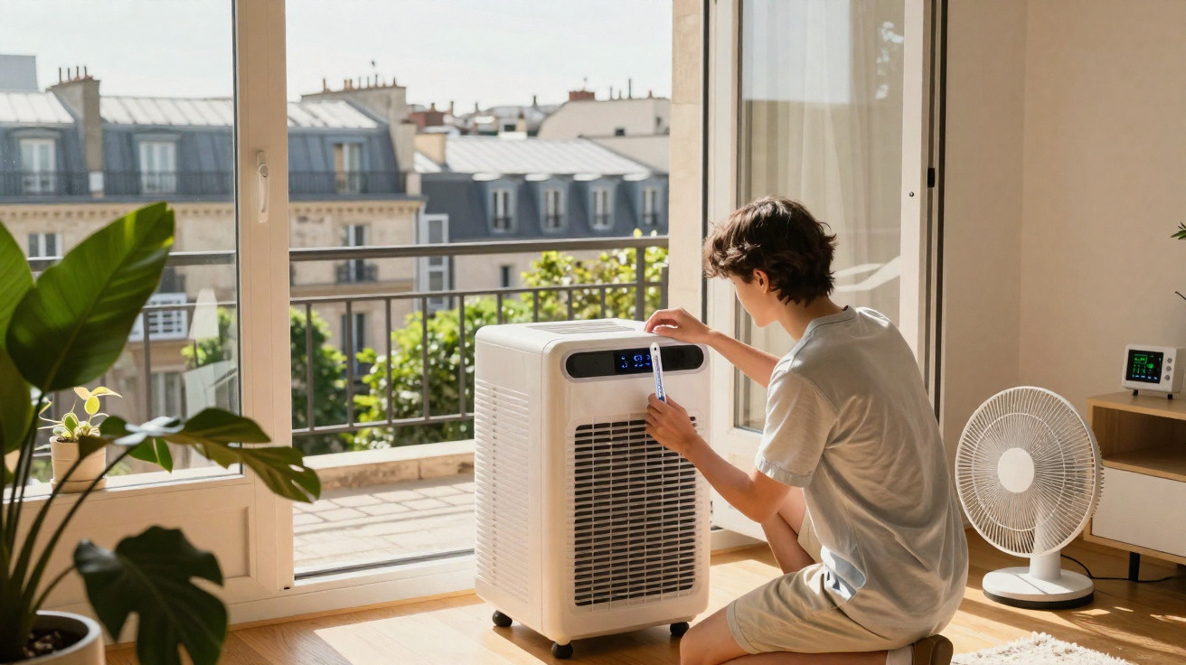 Junger Mann stellt mobilen Luftentfeuchter in hellem Wohnzimmer mit Balkon und Pflanzen ein.