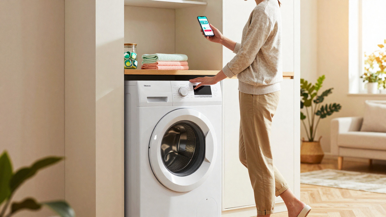 Frau bedient Waschmaschine mit Smartphone in hellem, modernem Wohnzimmer mit Pflanzen und Sofa.