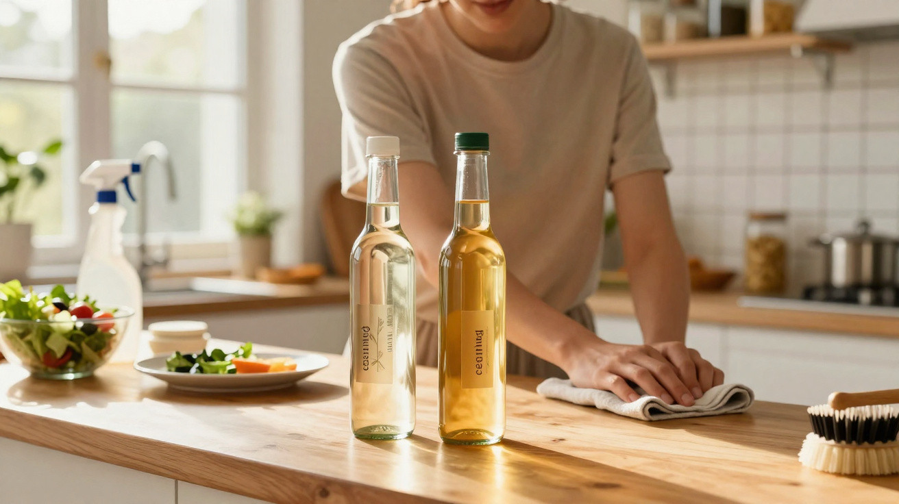 Person reinigt eine Küchenarbeitsplatte aus Holz, mit Ölflaschen und Salat im Hintergrund.