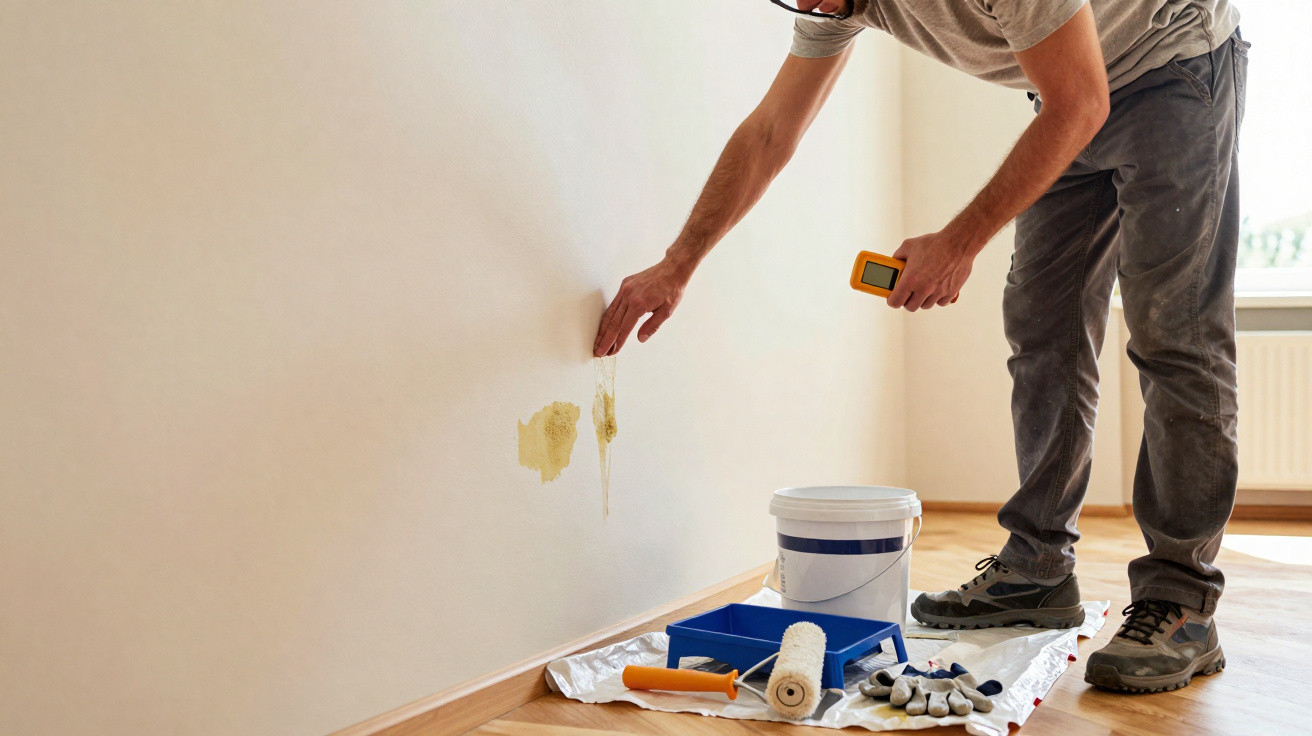 Mann misst Feuchtigkeit an beschädigter Wand mit Messgerät, Malerwerkzeug und Farbe liegen auf Boden.